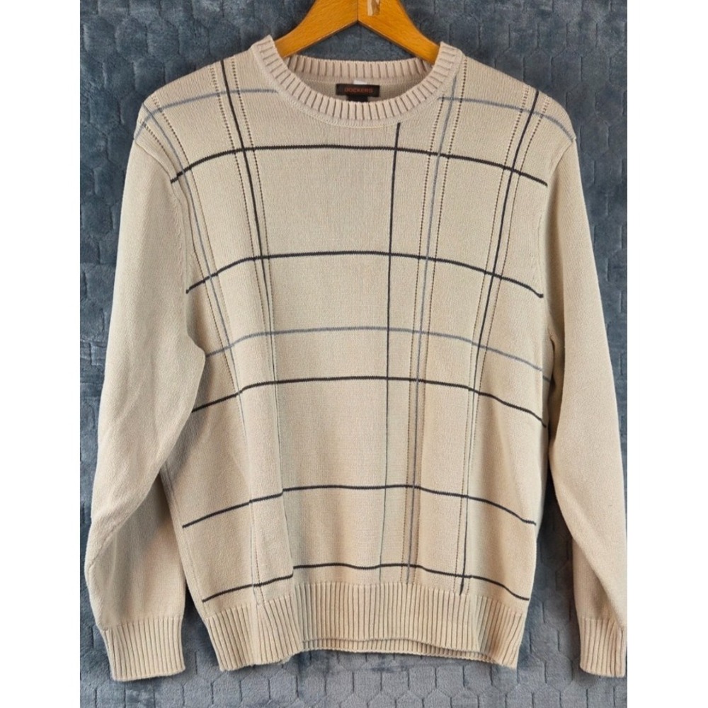 Dockers Men's Sweater XL‎ Beige Tan Windowpane Plaid Casual Classic Grandpacore
